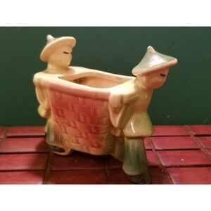 Vintage Ceramic Vase Planter Asian Men In Traditional Costumes